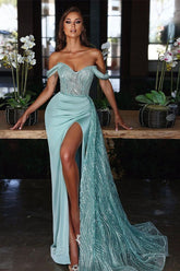 Long Mermaid Off the shoulder Sequins Satin Evening Prom Dress with Slit